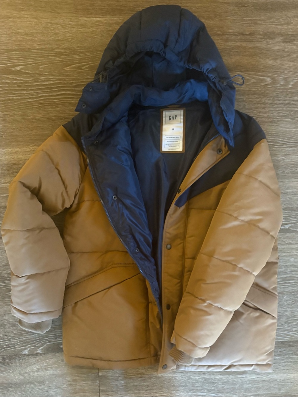 GAP Cold Control Max Navy and Brown Two-Tone Hooded Puffer Jacket